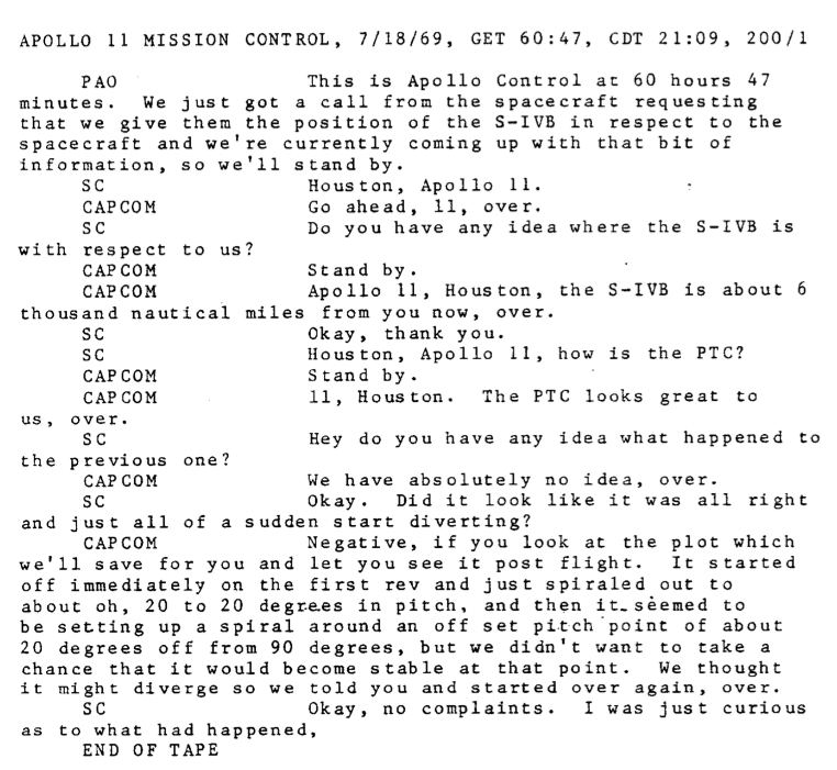 Apollo 11 transcript - UFO incident about S-IVB.
