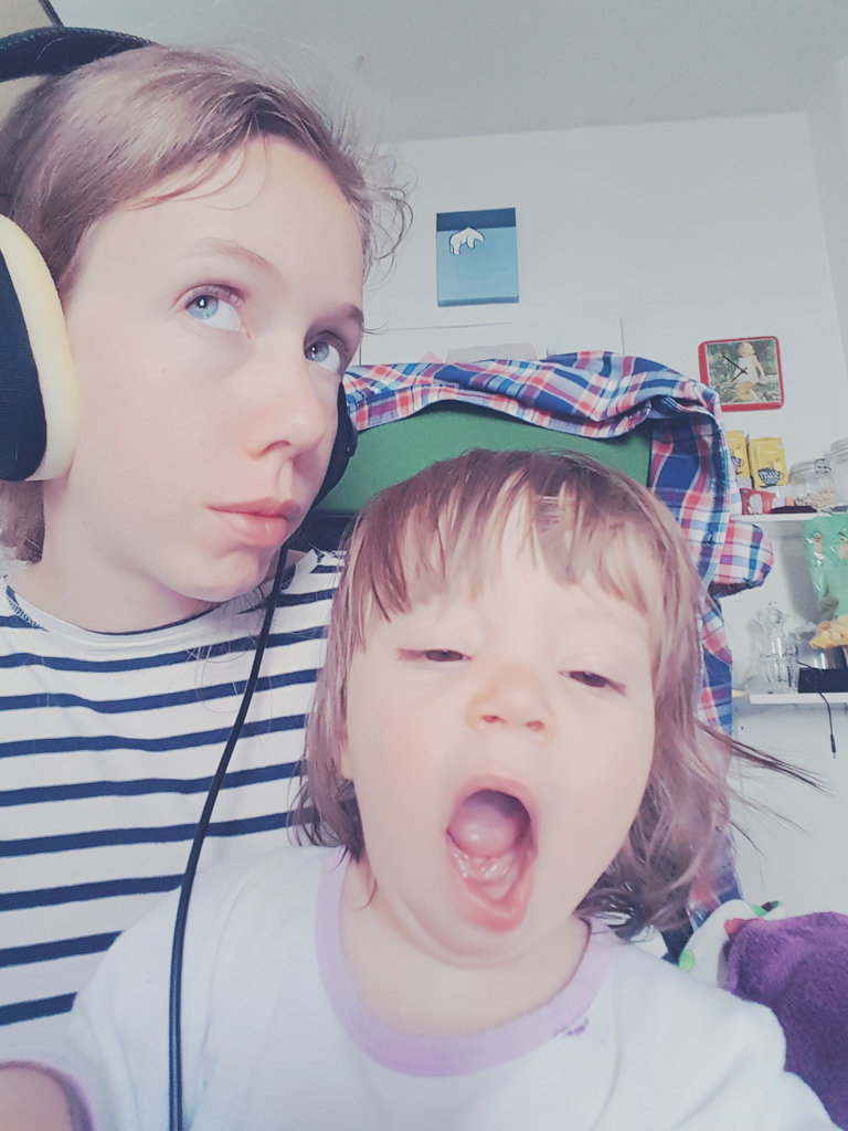 Lisa with baby Florens, kitchen music fun.