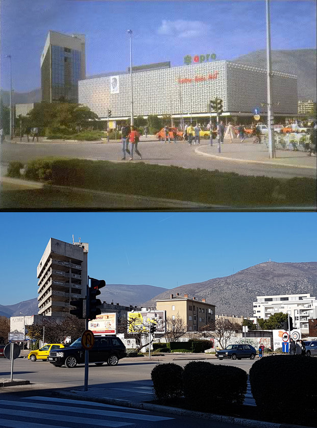Spanish Square in Mostar, then and now. Photo: Sanjin Đumišić.