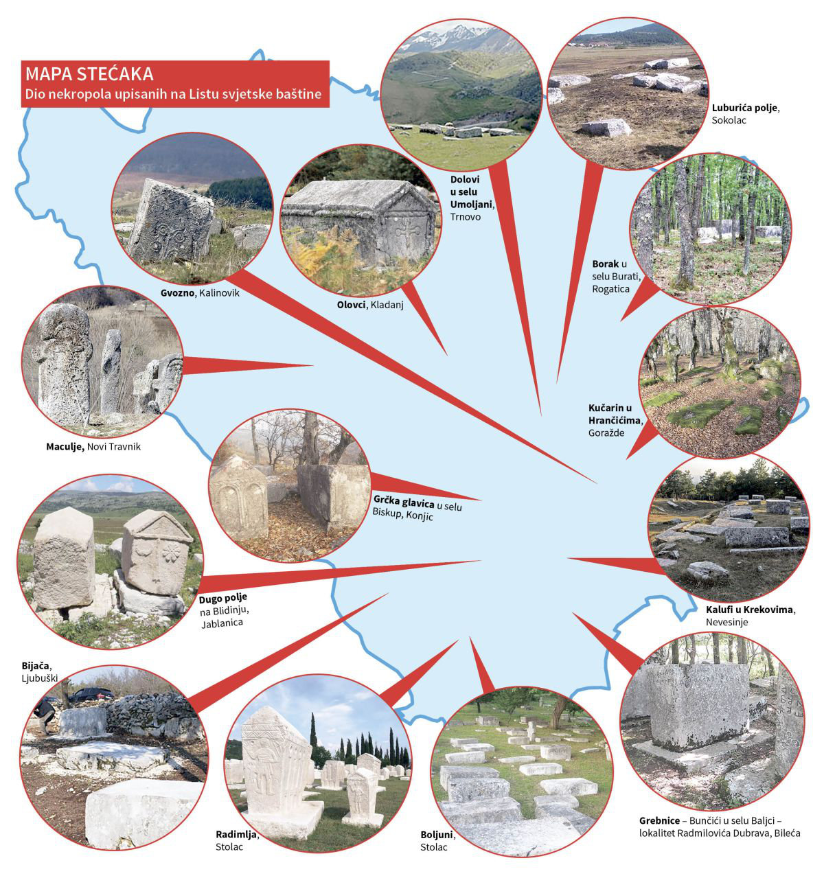 Stećci megaliths tombstones map, Bosnia & Herzegovina.