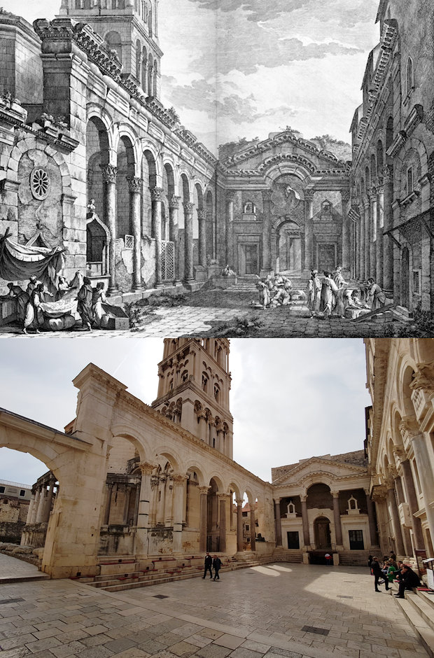 Diocletian's Palace in Split. 1764 by Robert Adam and 2017 by Sanjin Đumišić.