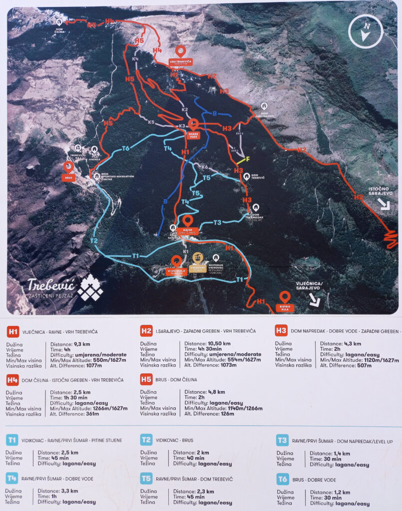 Hiking trail map for Trebević in Sarajevo.